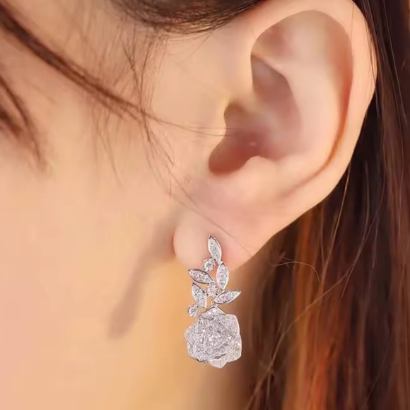 Rose Silver Crystal Diamond Earrings – Floral Statement Jewelry - Picture 4 of 7